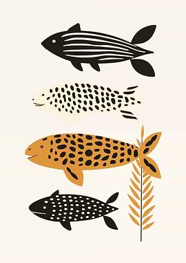 Four stylized fish illustrations