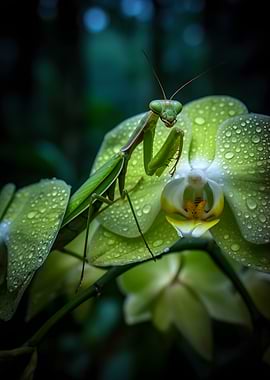 Praying Mantis on Orchid with Dewdrops