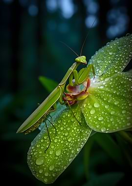 Praying Mantis on Dew-Covered Flower