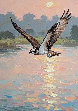 Osprey Flying Over Water at Sunset
