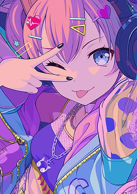 Anime Girl with Headphones and Accessories