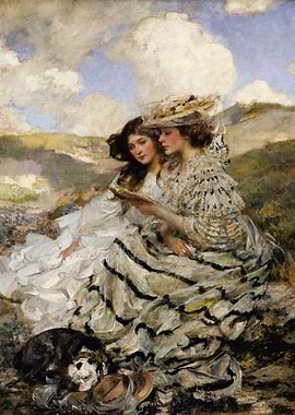 Two Women Reading in a Field