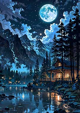 Moonlit Mountain Cabin by Lake