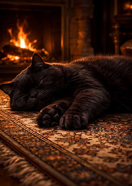 Chubby Black Cat Sleeping by Cozy Fireplace