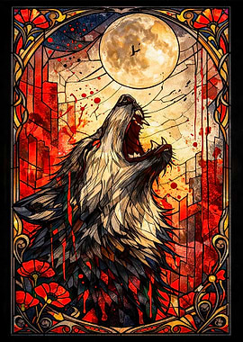 Wolf Howling at the Moon Stained Glass