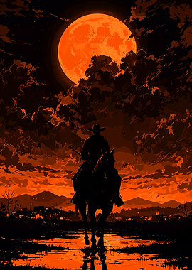Cowboy Riding Horse Under Orange Moon