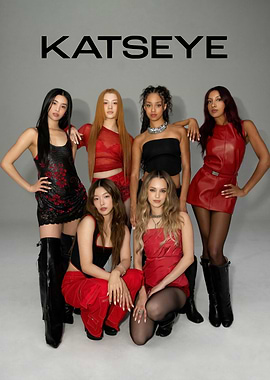 KATSEYE Group Posing in Red and Black Outfits