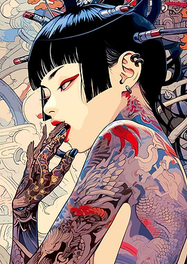 Tattooed Geisha with Cyberpunk Elements