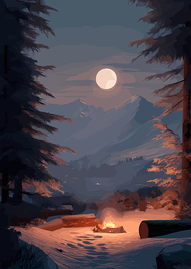 Moonlit Mountain Campfire Scene