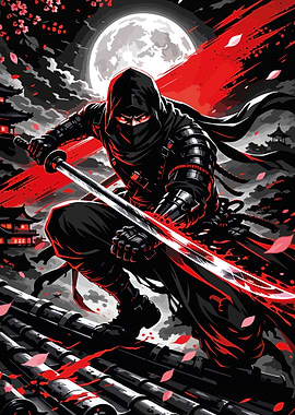 Ninja with Katana under the Moon