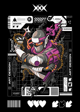 Cyberpunk ninja warrior with katana and shuriken