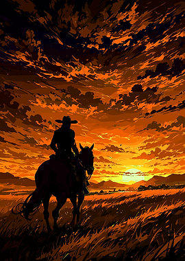 Cowboy on Horse at Sunset