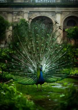 Peacock displaying its feathers in the rain
