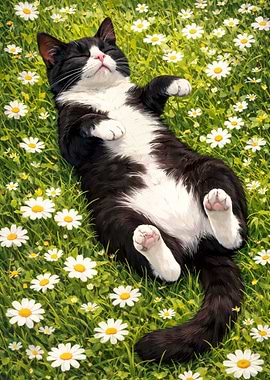 Tuxedo Cat Relaxing in a Daisy Field