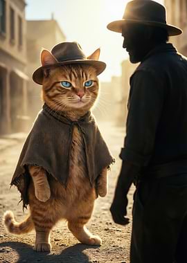 Cat in Western Hat and Poncho