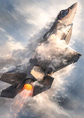 F-35 Fighter Jet Ascending Through Clouds