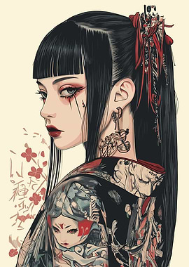 Geisha with Tattoos and Flowers