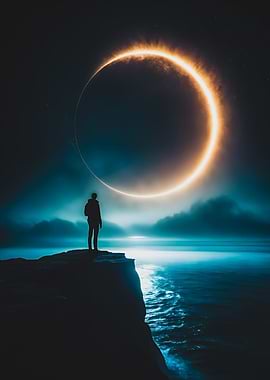 Eclipse of Solitude: A Lone Figure Beneath the Ring of Fire over ocean