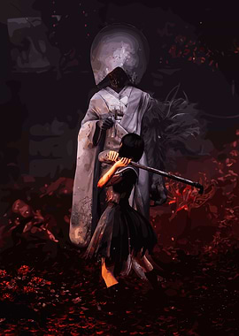 Girl playing flute before a masked figure