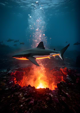 Shark near underwater volcano
