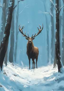 Majestic Stag in Snowy Forest