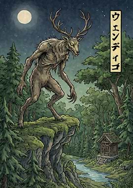 Cryptid Wendigo in a Forest Ukiyo-e