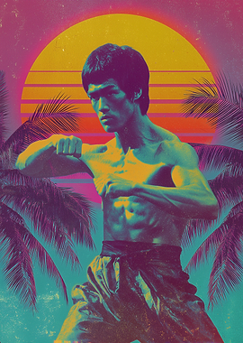 Bruce Lee Retro Sunset Palm Trees