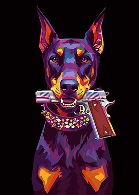 Doberman with Gun in Mouth