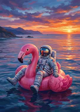 Astronaut on Flamingo Float at Sunset