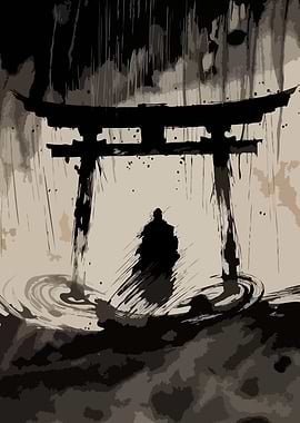 Samurai Shadow Under Torii Gate
