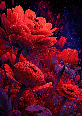 Vibrant Red Flowers Against a Starry Night
