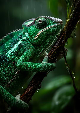 Green Chameleon in Rain