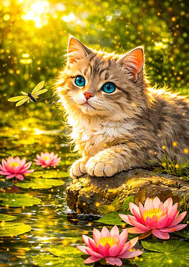 Kitten by a Pond with Water Lilies