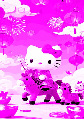 Hello Kitty Riding a Unicorn with Fireworks