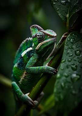 Chameleon on a branch with water droplets
