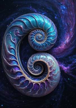 Galactic Nautilus — Iridescent Spiral Shell in a Starry Nebula