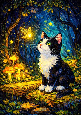 Tuxedo Cat and Firefly in Enchanted Forest