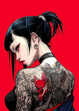 Tattooed Woman with Red Oni Mask