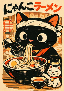 Black Cat Eating Ramen
