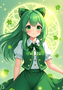 Green Emerald Shamrock Anime Girl with Clovers