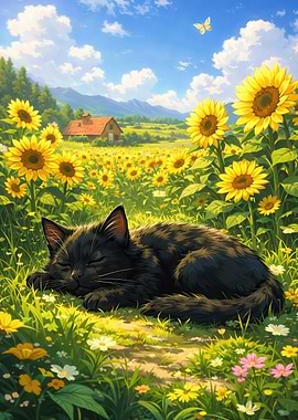 Black Cat Sleeping in Sunflower Field