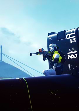 Sci-fi soldier aiming a rifle