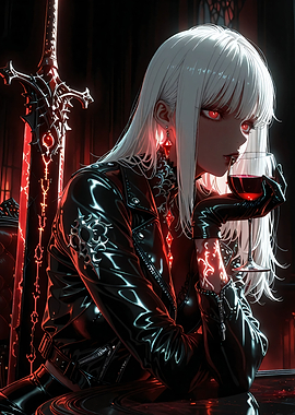 Gothic Anime Woman with Sword and Wine
