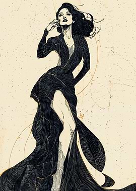 Elegant Woman Flowing Black Dress