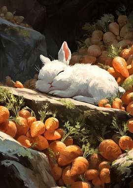 Cute Bunny Sleeping Among Carrots