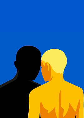 Two figures in silhouette against blue