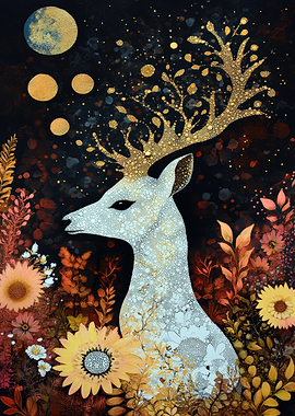 Enchanted Deer in Floral Night