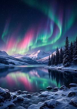 Aurora Borealis Over Snowy Lake
