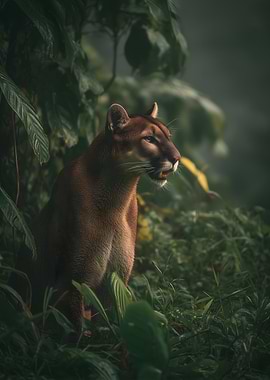 Puma in lush green forest