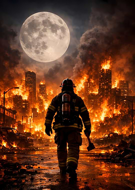 Firefighter in burning city under moon